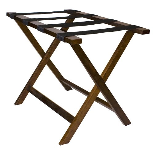 Flat Top Wooden Luggage Rack, Walnut Finish with Black Straps